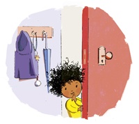 Illustration of a little girl peering around a door from Kate's book Quiet